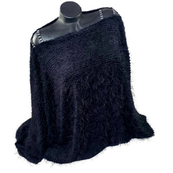 Black Oversized Fuzzy Fringe Batwing Top with Swarovski Crystals on Straps. NEW! - Picture 1 of 7